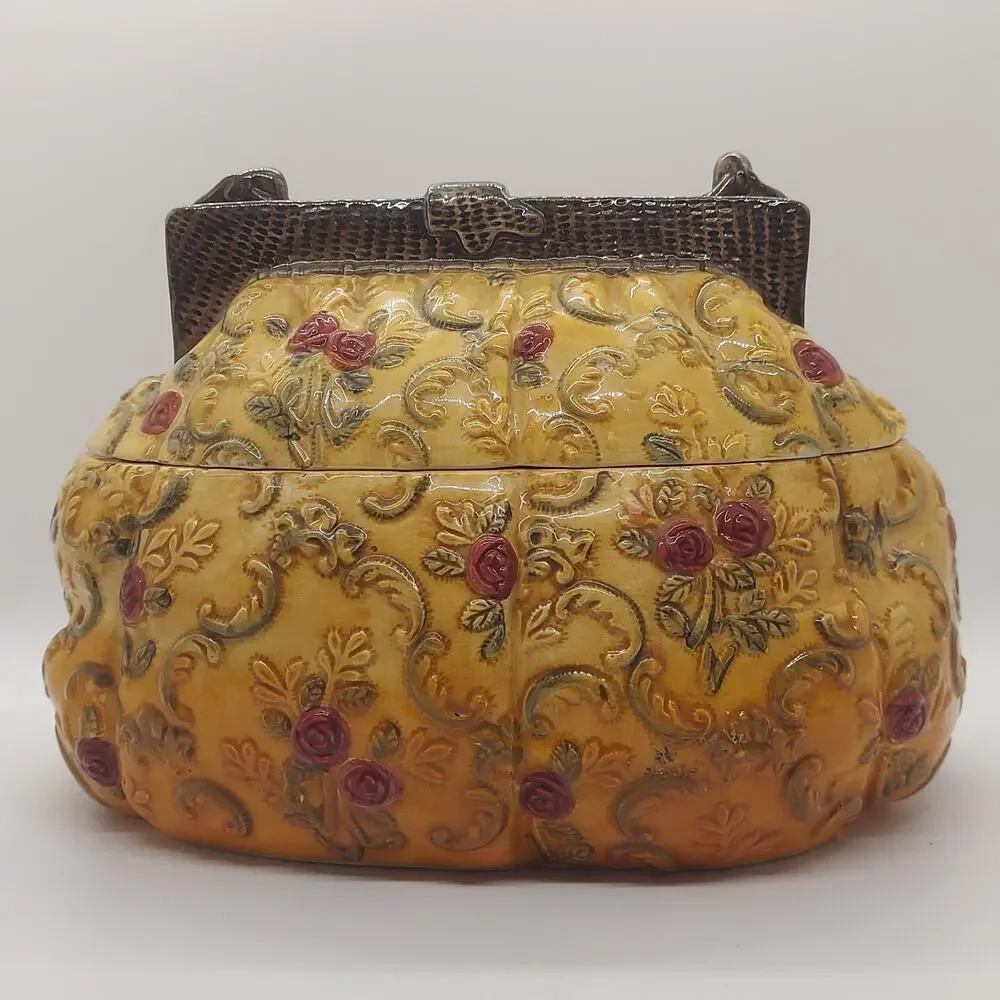 Vintage International Art Ceramic Purse Cookie Jar Handbag Canister Yellow Rose